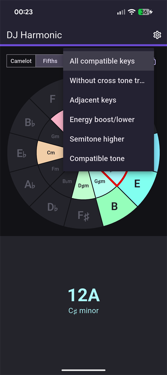 The rule menu open on its six entries, from all compatible keys to compatible tone.