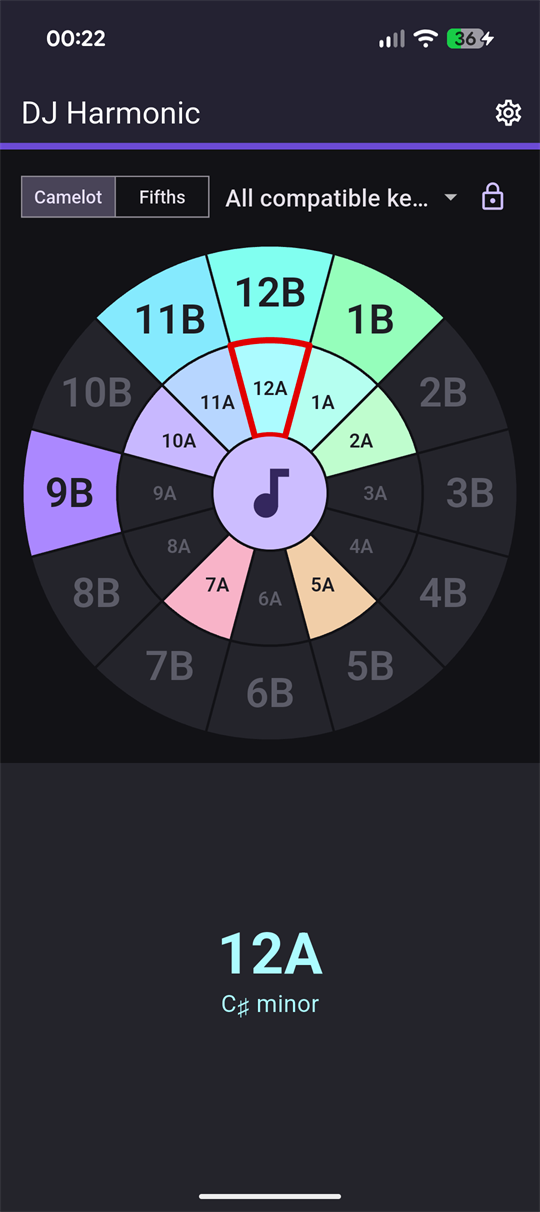 DJ Harmonic on a phone: the Camelot wheel with 12A selected, the compatible sectors lit and the rest grey.