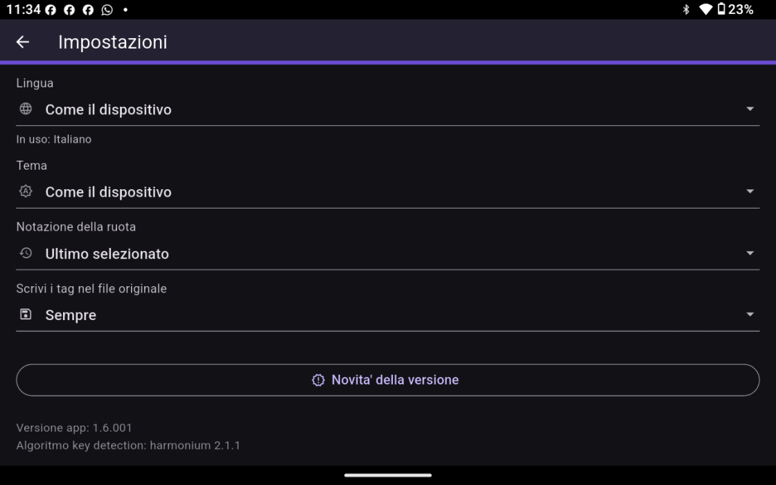 The settings page on a tablet.